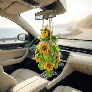 Handmade Crochet Sunflower & Bee Car Mirror Accessory, Cottagecore Potted Plant Ornament for Women & Teens, Aesthetic Gift for Mother's Day, Christmas, Birthday & Home Office Decor