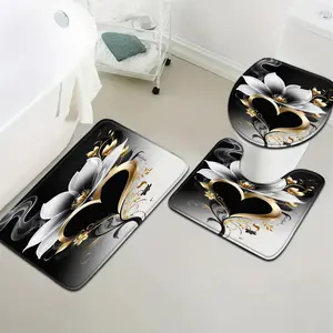 3pcs Elegant Black & Golden Floral Bath Mat Set - Non-Slip, Fade-Resistant Polyester Floor Mats for Toilet, Bathtub & Shower Area, Bathroom Decor | Decorative Floor Mat | Woven Texture