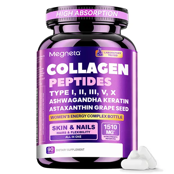 Collagen Powder Capsules, Type I, II, III, V & X with Vitamin C, Hyaluronic Acid & Biotin, Skin Hydration, Hair, Nail & Joint Support for Men & Women, 3-Party Tested, 90 Capsules