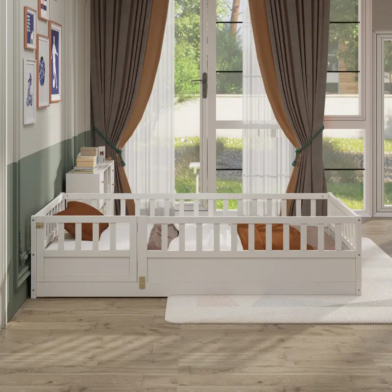 Bellemave Classic White Twin Solid Pine Kids Furniture Bedroom Floor Bed Frame - High-Secure Rails, Clockwork Door, Montessori Girls' Play & Reading Nook