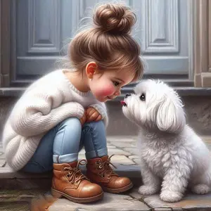 1pcs 5D DIY diamond painting kit, 5D diamond art set, DIY decoration, little girl, white dog, long boots. Full round drill DIY diamond painting kit, mosaic, diamond art, DIY art home decoration, suitable for Halloween and Christmas.