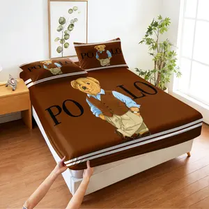 Gentleman's Bear Print Fitted Sheet Set, Bed Set, includes 1 Fitted Sheet & 2 Pillowcases Without Filler,simple And Stylish Design,comfortable And Soft,suitable For All Seasons,multiple Styles Available.