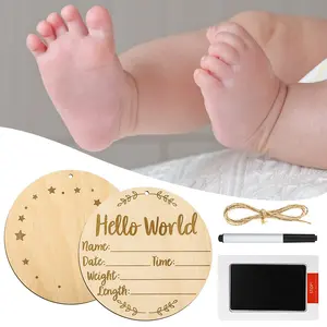 Hello World Wooden Newborn Notice Board, high-quality birch wood round plaque, deeply carved letters, newborn information display board, 15x15cm, double-sided + inkpad + pen + hemp rope