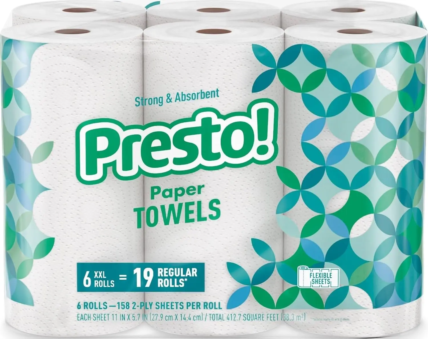 Amazon Brand - Presto! Ultra-Strong Premium Paper Towels, 158 Sheet Huge roll - Flex-a-Size, 6 Rolls, Equivalent to 19 Regular Rolls, White