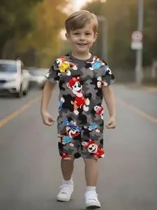Boys' Paw Patrol Camo Set, Summer Cute Cartoon Dog Print Short Sleeve Shorts Two-Piece Set, Casual Fitted Style