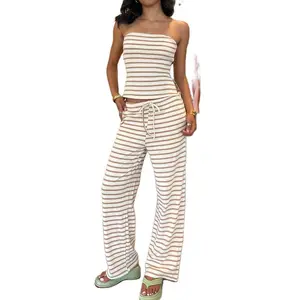 Women Striped Set, Strapless Backless Tube Top with Pants Summer Outfit for Daily Party
