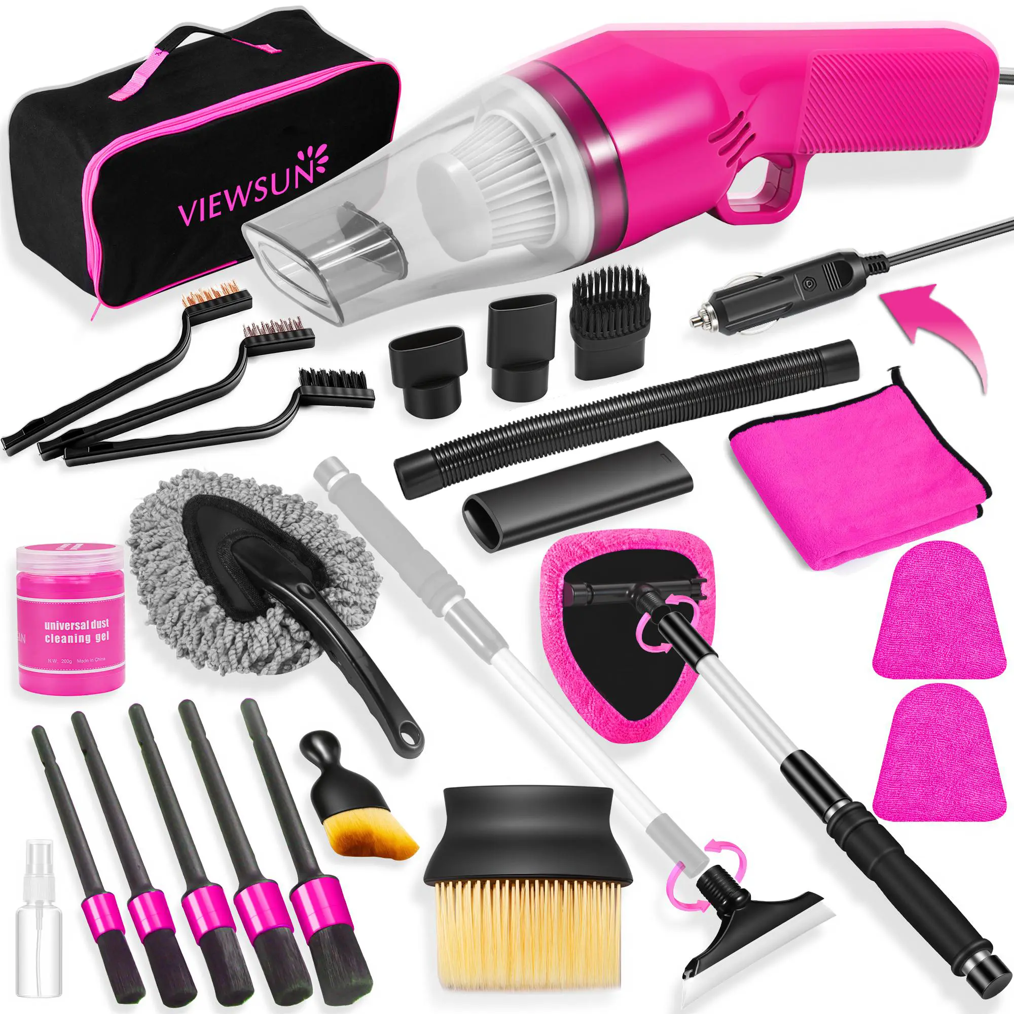 【TikTokShopFallDealsForYou】Viewsun 17PCS Car Cleaning Kit, Car Interior Detailing Kit with Pink High Power Handheld Vacuum, Detailing Brush Set, Windshield Cleaner, Cleaning Gel, Complete Auto Accessories for Women, Summervibes