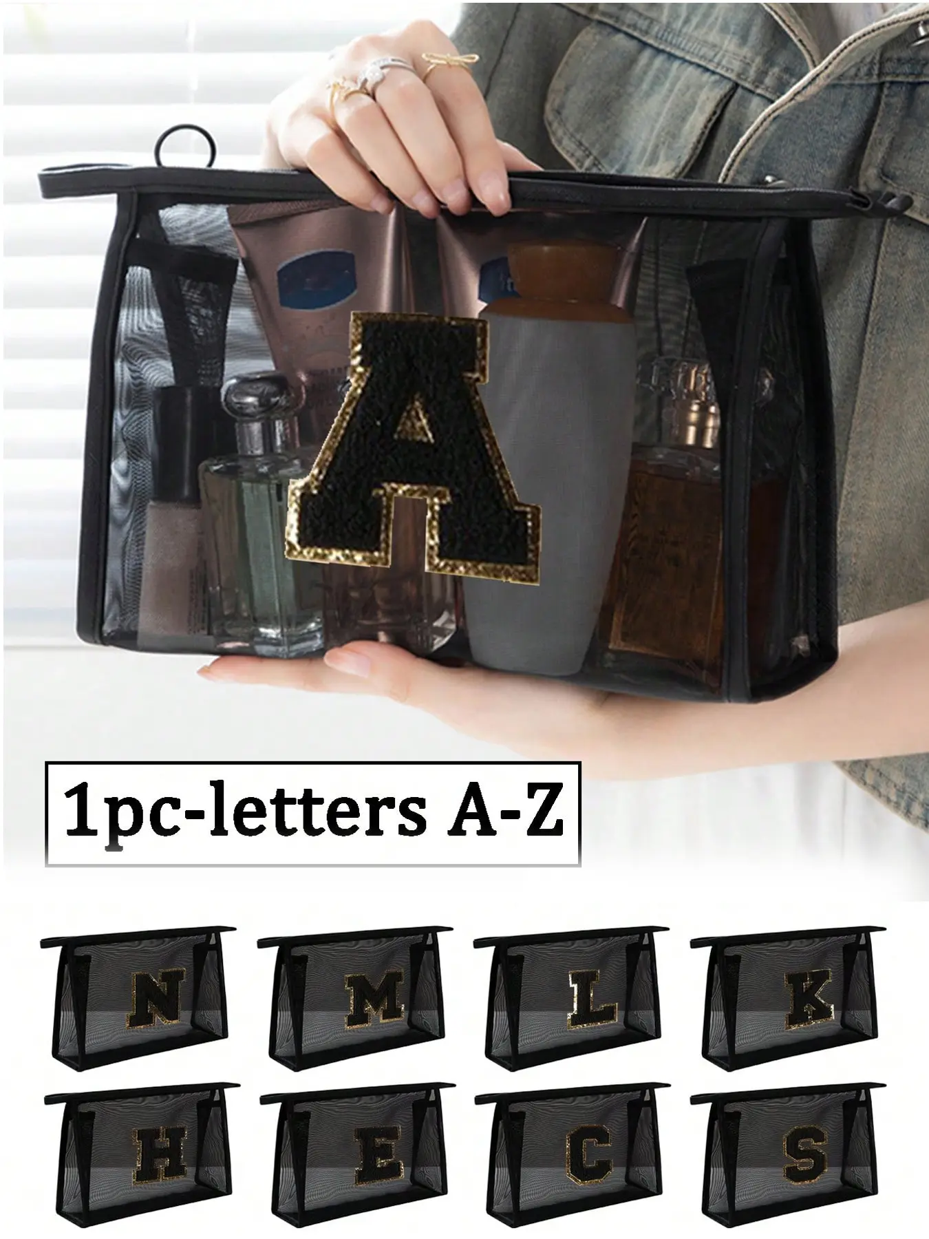 1pc Black Mesh Bag, Large Capacity with Black Initials, Multifunctional Travel Portable Bag, Cosmetic Bag, Cosmetics Bag, Makeup Bags, Travel Cosmetic Storage Bag, Suitable for Dormitory Storage, Travel, Home Storage, Travel Cosmetic Bags