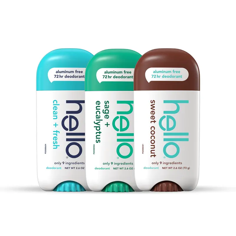 Hello Deo Bundle - 24 Hour Odor Protection with Natural Oils - Clean Fresh, Sage Eucalyptus, Sweet Coconut - Clinically Proven