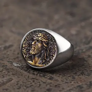 GTHIC Vintage Portrait Stainless Steel Signet Ring Statement Jewelry for Men Daily Wear