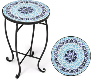 VINGLI Mosaic Accent Table, 14" Round Side Table,End Table, Plant Stand Decor for Patio Porch Beach Theme Balcony Back Deck Pool Indoor Outdoor Coffee, Metal Cobalt Glass Top Black Iron