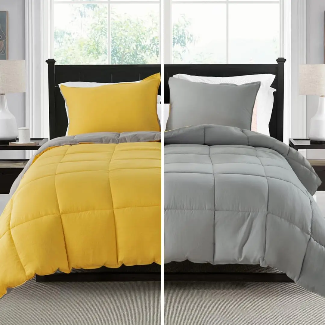 Dual-Sided King Size Comforter Set (3-Piece) - Yellow Gray, Box Stitched, Lightweight, Breathable, Durable, Fade Resistant, 250gsm 80% 3D Hollow Fiber, Shrink-Safe, Machine Washable Down Alternative with Pillow Shams, Tumble Dry Low