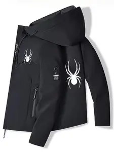 Men's Fashion Spider Print Hooded Jacket, Lightweight Windproof Coat, Slim Fit Long Sleeve, Polyester Lining, Casual Daily Wear