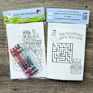 Princess Sticker Kits - Color Your Own 6 Adorable Stickers & 4 Crayons for Kids, Birthday Party Favors, Classroom Gifts, Kids Crafts, Art Activity Kits for Kids