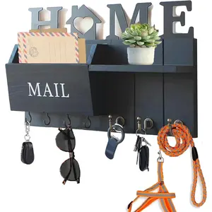 key and Mail Holder for Wall, Rustic Wooden Mail Organizer with Shelf and 7 Hooks, Space Saving Farmhouse Entry Way Key Rack for Coat,  Leash, Home Accessories(Black)