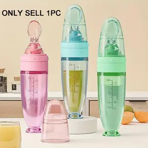 Silicone Baby Food Storage Bottle with Spoon, 1 Count Soft Squeeze Meals Feeding Bottle with Dustproof Cover & Spoon, Baby Food Container for Travel, Newborn