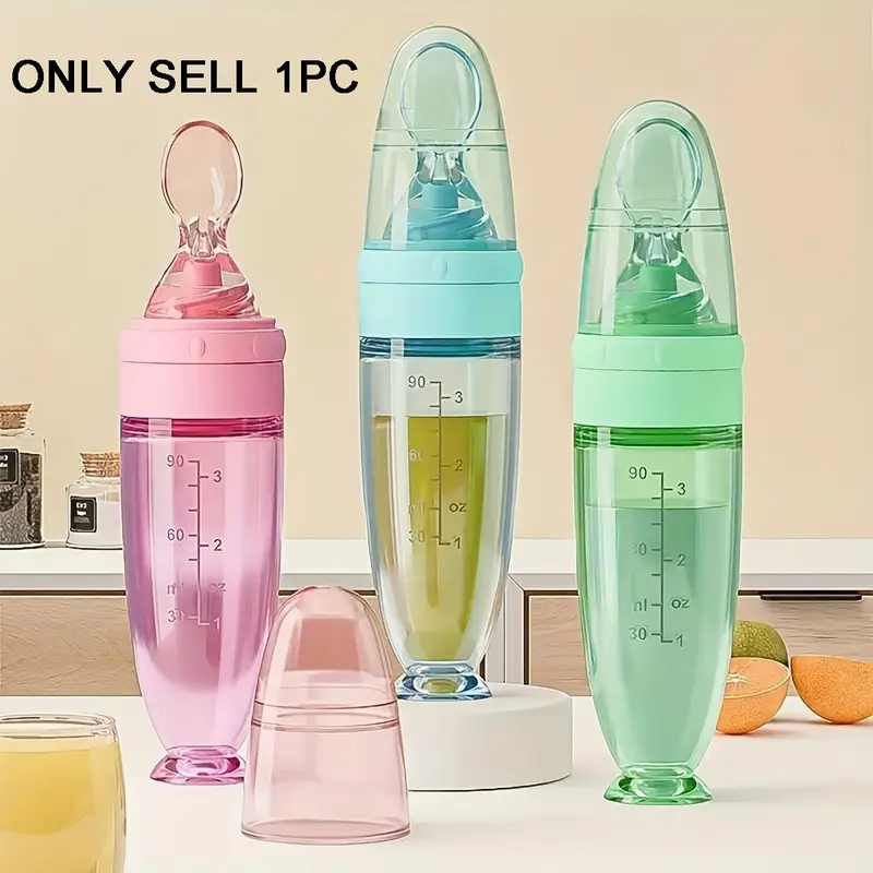 Silicone Baby Food Storage Bottle with Spoon, 1 Count Soft Squeeze Meals Feeding Bottle with Dustproof Cover & Spoon, Baby Food Container for Travel, Feeding Accessories, Newborn