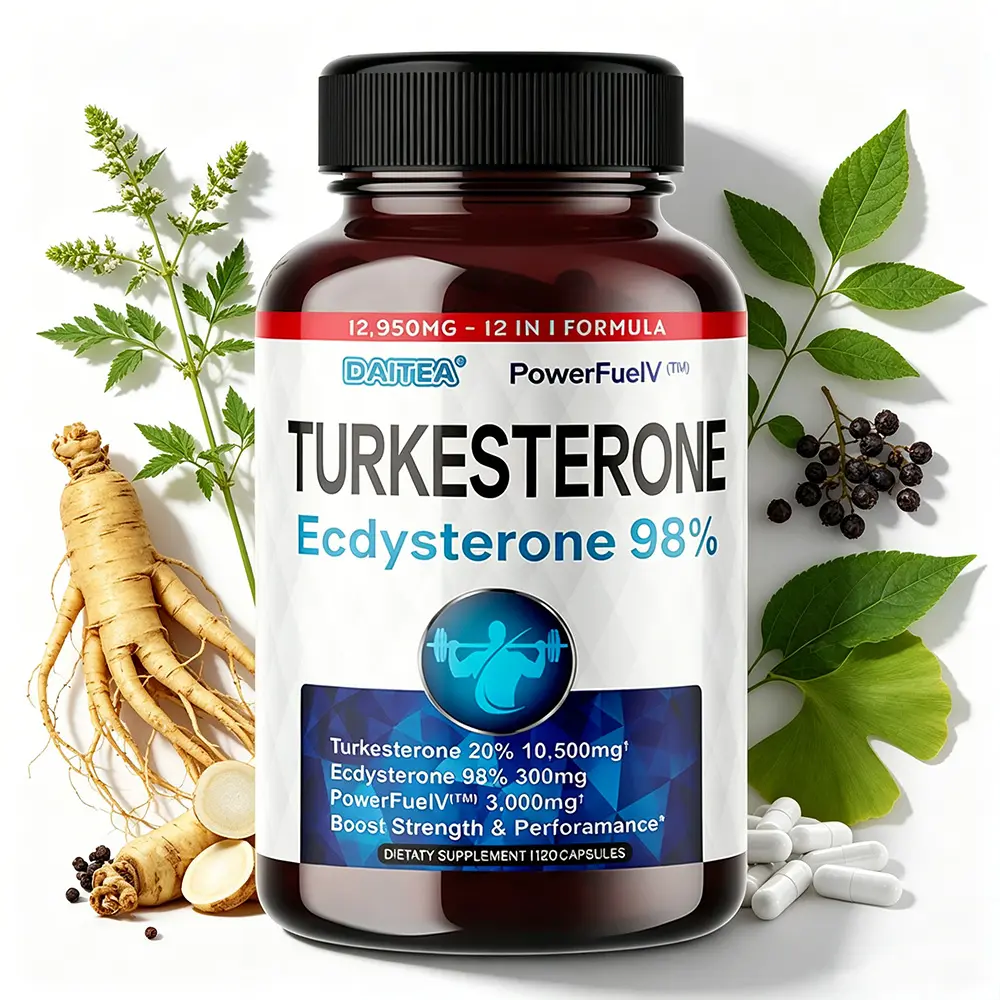 DAITEA Turkesterone and Ecdysterone 98% Supplement – ​​12-in-1 Formula with Fadogia Agrestis for Energy – 120 Capsules