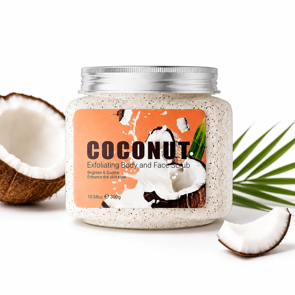 Coconut Exfoliating Body & Face Scrub, Gentle Dead Skin Remover, Deep Cleansing, Moisturizing & Brightening, Nourishing Exfoliator for All Skin Types, Men Women Daily Skin Care, 300g
