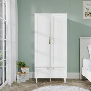 Wardrobe Closet With 2 Doors & Drawer Armoiresand Wardrobes With Shelves And Hanging Rail Freestanding Wooden Wardrobe Cabinet For Bedroom