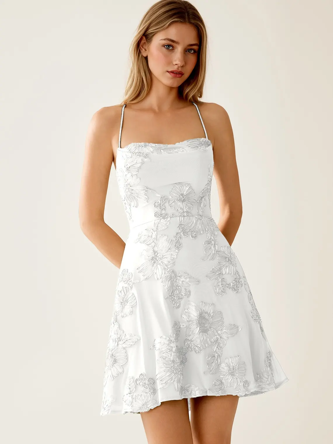 Azazie Lysandra 3D Floral Corset A-Line Lace-Up Open Back Homecoming Prom Birthday Party Stretch Lace Mini Dress
