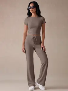 Women's Sporty Two-Piece Set Short Tee & High-Waisted Drawstring Pants, Stretchy Breathable Quick-Dry Fabric, Slim Fit Design