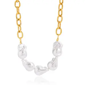 18K Gold-Tone Stainless Steel Necklace Graceful Baroque Glass Pearl Thick Paper Clip Chain Necklace