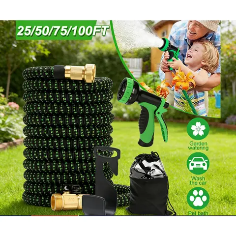 Expandable Flexible Water Hose 50/75/100FT Latex Core with 3/4" Solid Brass Fittings 4X Burst Pressure Anti-Kink Lightweight Design for Yard Car Wash Pet Bath Garden Watering System
