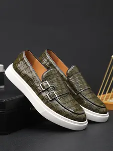 Men's Fashionable Alligator Pattern Belted Design Loafers, Casual Comfortable PU Leather Slip-on Shoes for Daily Wear, Business Formal Occasions