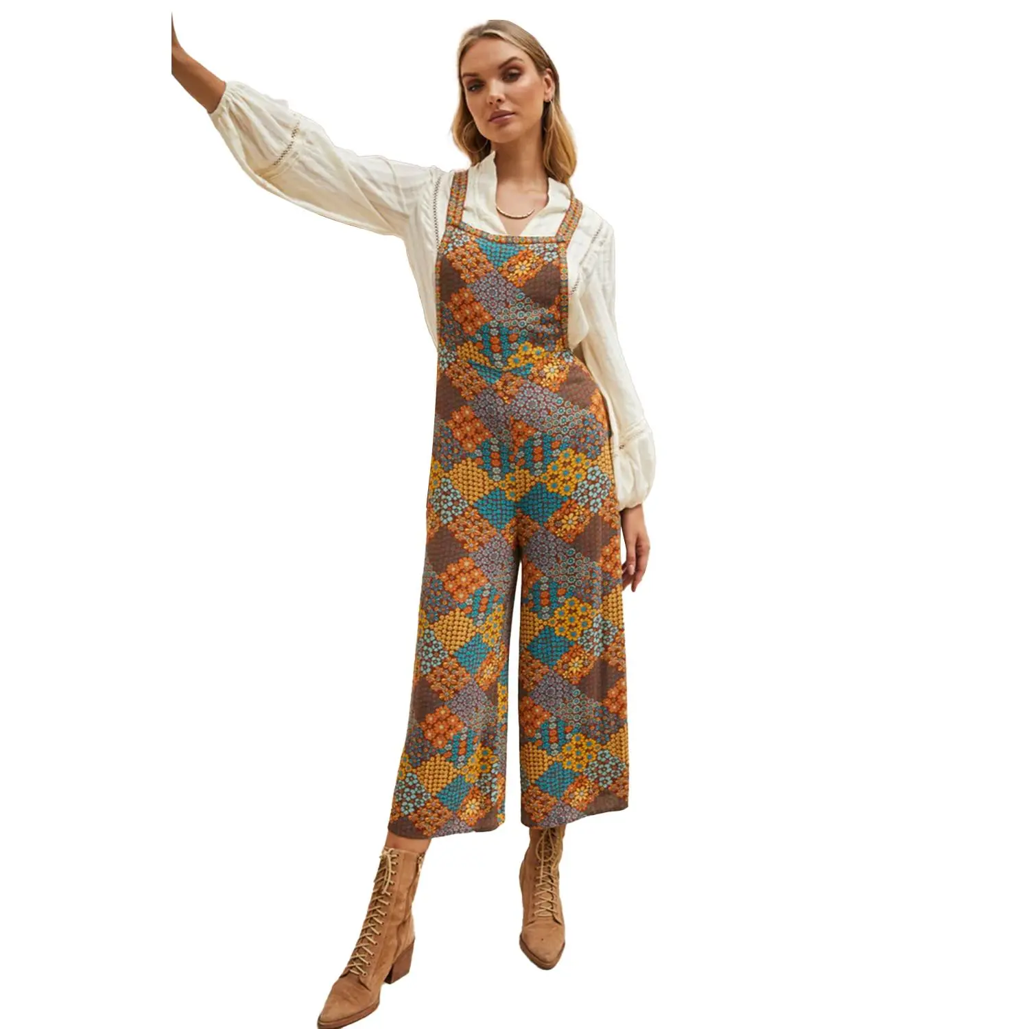 Bohemian Floral Print Jumpsuit for Women, Sleeveless Wide Leg Overalls with High Waist and Crossed Straps for Vacation, Fashion, Fit, Strappy, Everyday, Casual, Comfortable, Polyester, Wide Legs, Ankle Length, Sleeveless Jumpsuit, Multicolour