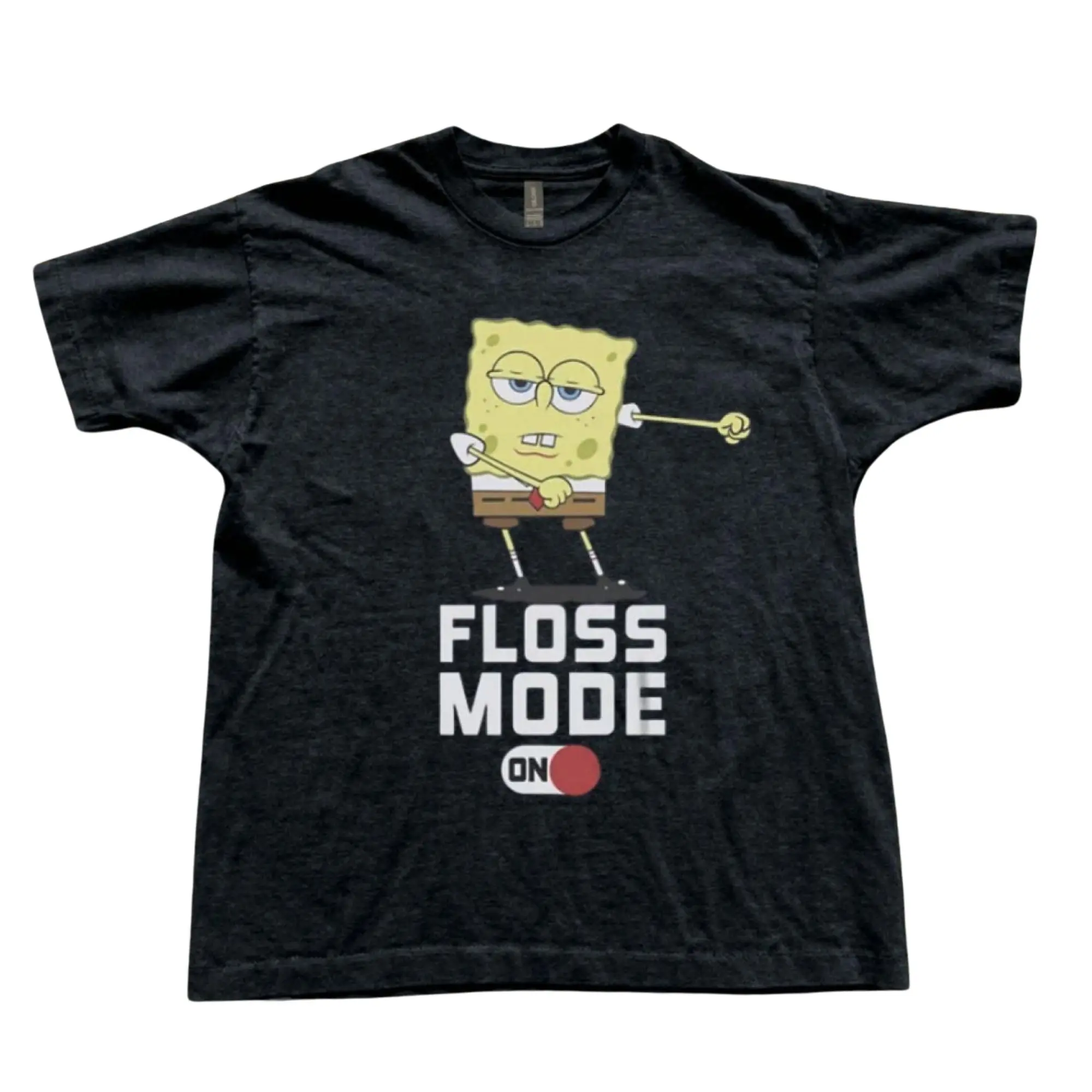 Sponge Floss Mode On Funny Meme T-Shirt, Retro Cartoon Flossing Dance Move Graphic Print, Y2K Pop Culture Apparel, Unisex Charcoal Black Heavyweight Streetwear Tee