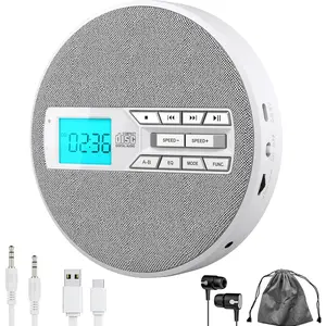CD Player Portable, Rechargeable Portable CD Player with  Speakers and Anti Skip,CD,USB,AUX,LCD Display, Button,5 EQ,A-B Repeat,10 Speeds for   Fabric White