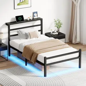 HOMBCK Bed Frame with LED Lights, Platform Bed Frame with Charging Station, Headboard Storage Shelf, Heavy Duty Metal Slats, No Box Spring Needed, Easy Assembly, Black