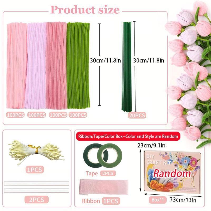 400pcs DIY Colored Floral Pipe Cleaners Material Set, Includes Floral Wire, Tape, Stamens, Ribbon, DIY Handmade Floral Material Set, Creative Gift and Decoration Suitable for Women, Birthday/Valentine's Day, for Diy Flower Decor (Color Box Style Random)