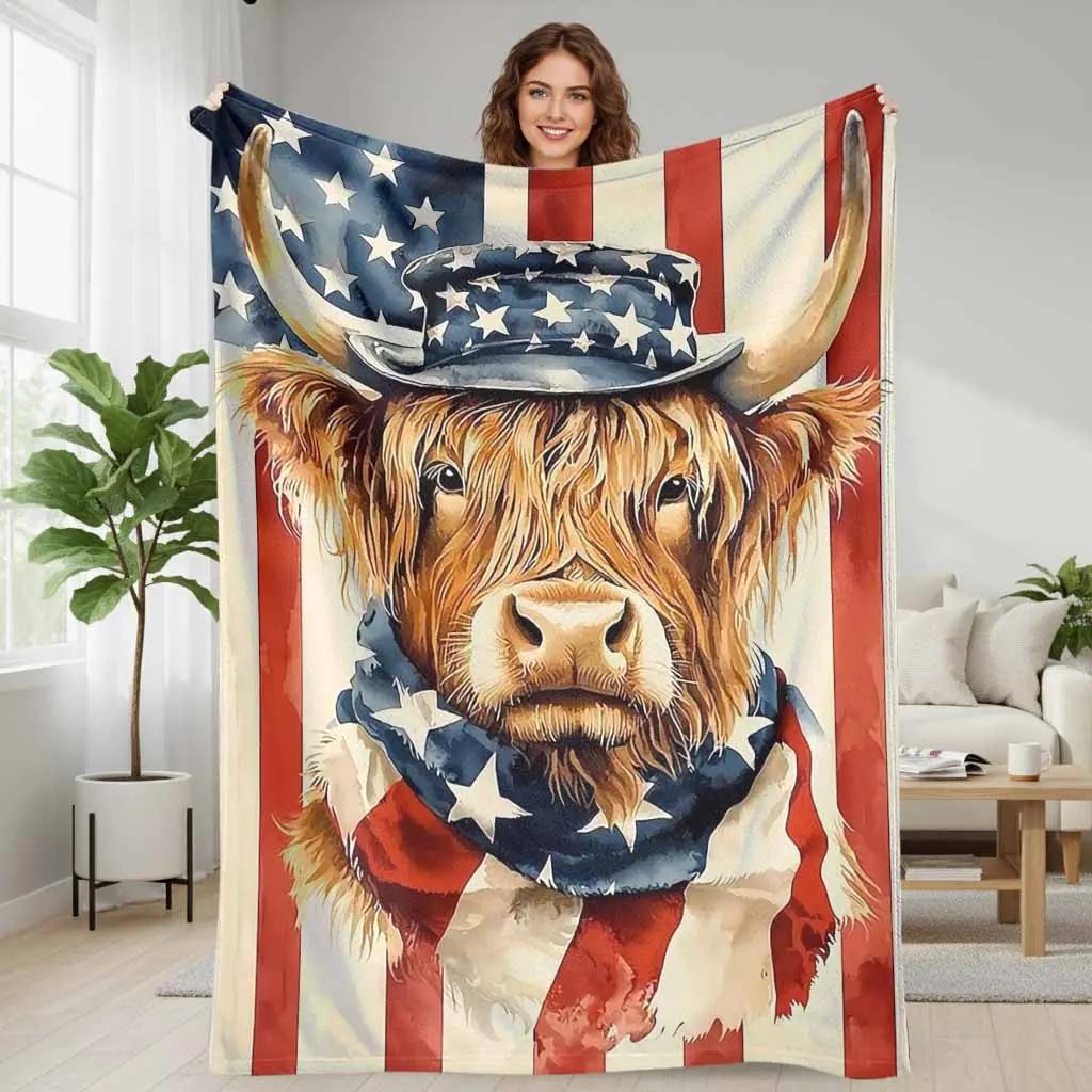 American Highland Cow Blanket  Patriotic Flag Print Design  Super Soft Warm Cozy Lightweight Home Decor Throw  Perfect for Sofa Bedroom Office Travel Gift Holiday Celebration