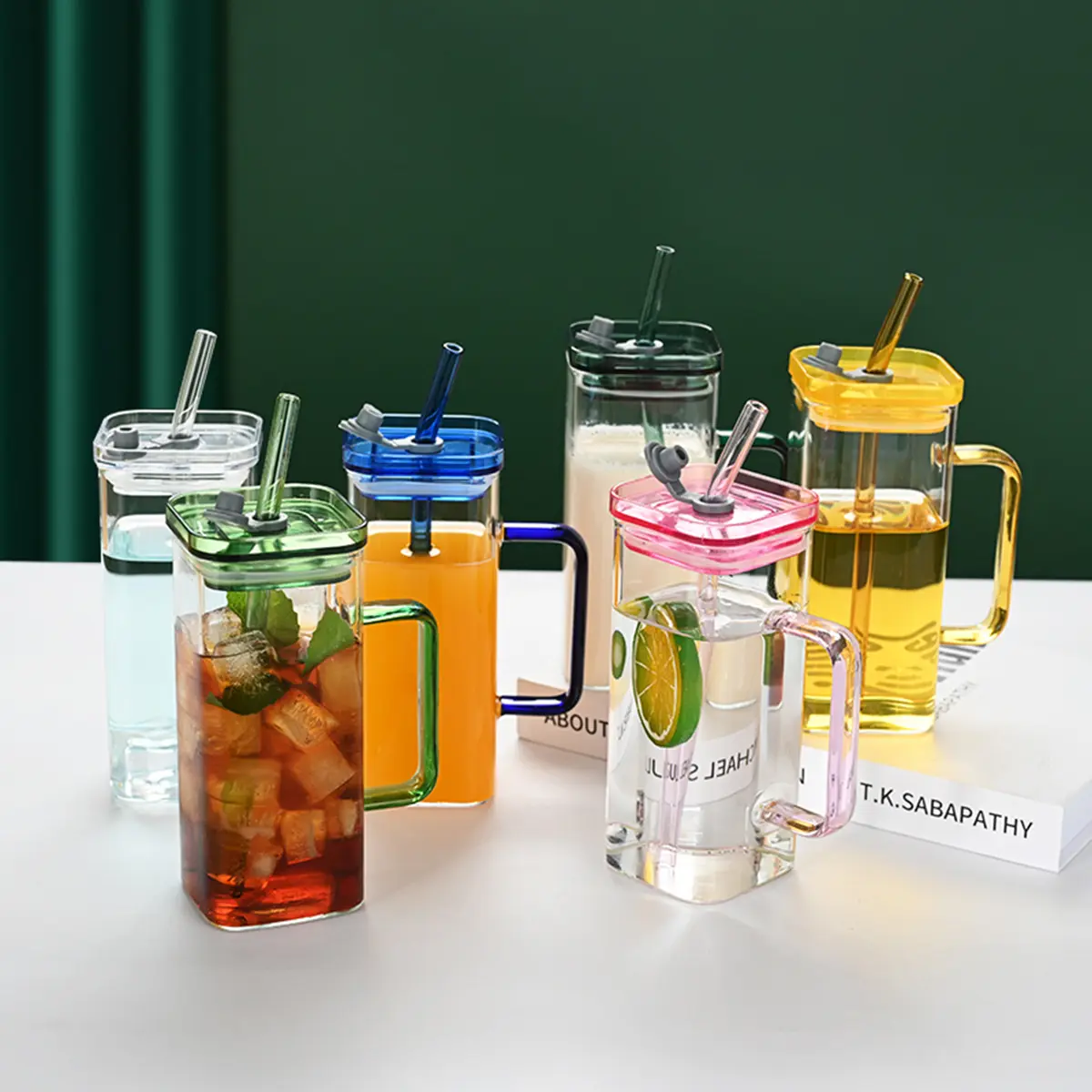 6-Pack Durable Colored Glass Cups with Lids and Straws - 13.8oz Portable Square Multipurpose Drinkware for Water, Smoothies, Family Gatherings, Parties