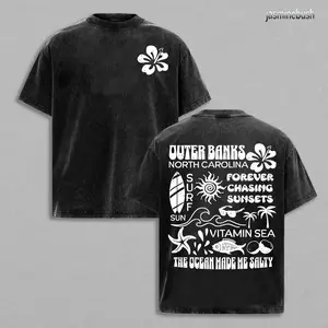 Outer Banks Retro Vintage 230g Washed Cotton T-Shirt - Breathable Relaxed Fit Short Sleeve Tee with Beach & Floral Graphic Print, Round Neck Casual Shirt for Men & Women, All-Season Comfort, Allseason Tshirt | men clothing