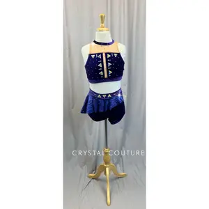 Custom Purple Velvet Crop Top and Shorts Two-Piece Set - Rhinestones
