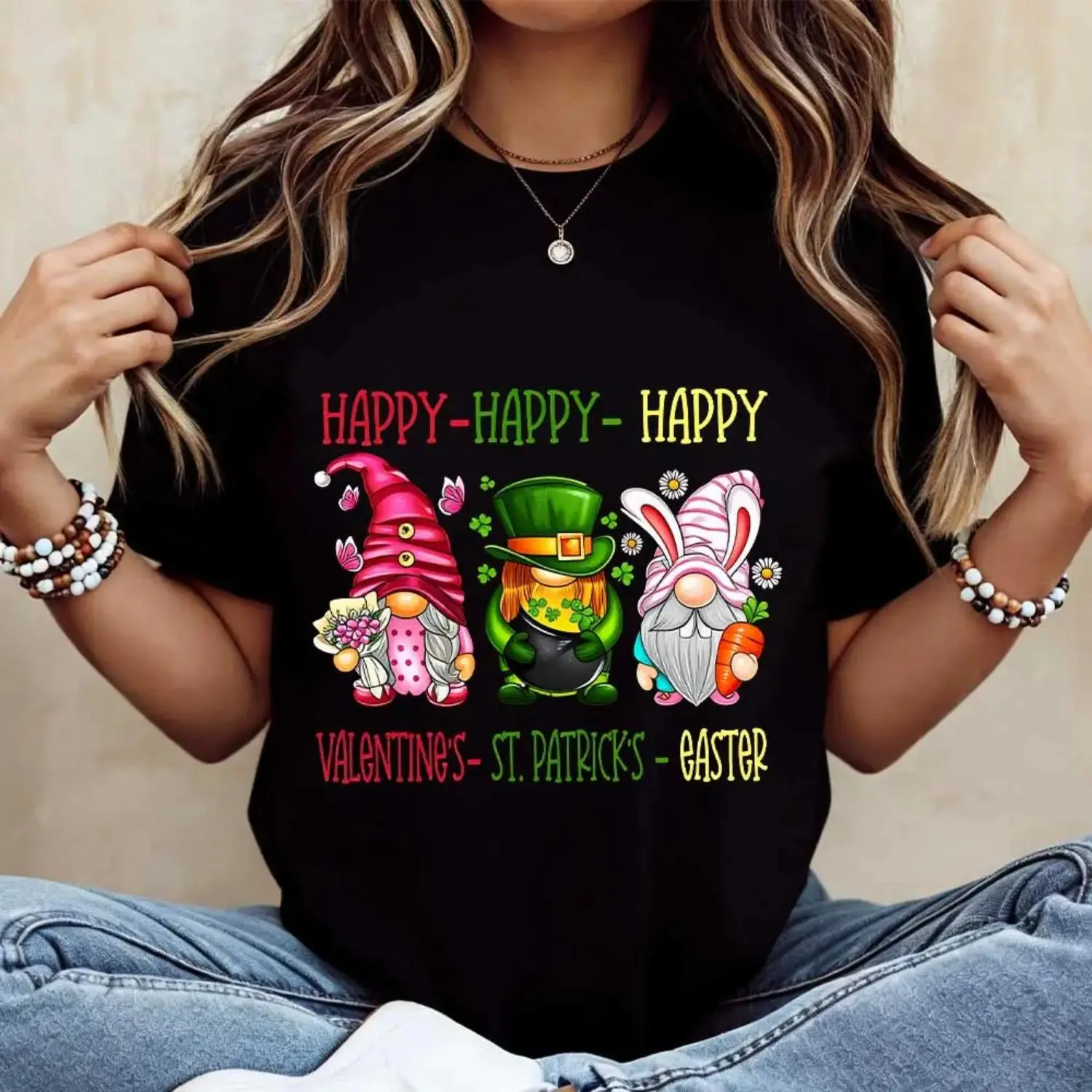 Women's 3-Print Cotton Crew Neck Shortsleeve Tee - Holiday Gnomes, Hearts, Shamrocks, Bunny Ears Printed Casual Festive Top for Valentine’s Day, Saint Patrick’s Day Outings, Retro Vintage Mystery Party, Fabric, Tshirt, Unisex, Digital Print, 100% Cotton