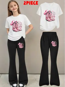 Two-piece fashionable girls' outfit: round-neck T-shirt + elegant black flared pants, featuring a Western bohemian country music cowgirl print + summer party style. A spring/summer outfit perfect for outdoor wear