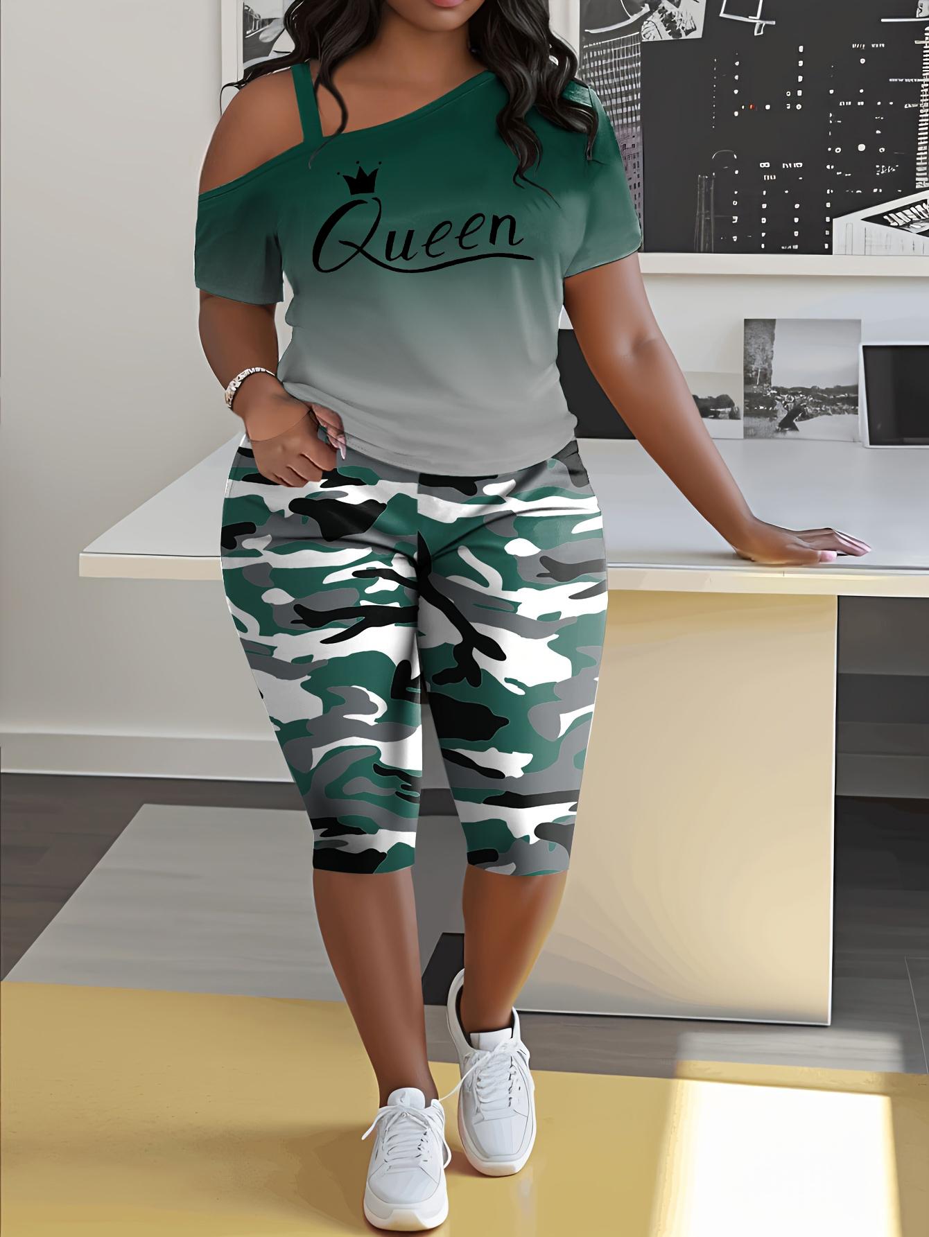Women's 2-Piece Casual Chic Cowl Neck Shortsleeve Outfits - "Queen" Lettering Camisole, Camouflage Shorts, Casual Vacation Wear, Casual Chic Set