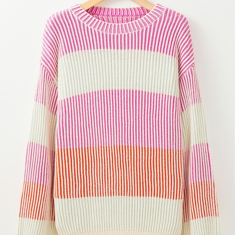 Women's Sweet Candy Pink Colorblock Textured Knit Bubble Sleeve Sweater