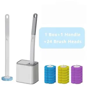 Plastic Wall-Mounted Disposable Toilet Brush Set with Holder, 24 Mixed-Color Disinfecting Refill Heads, Extended Handle for Bathtub, Drain Bathroom Cleaning Kit