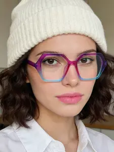 Women's Colorblock Geometric Frame Acrylic Flat Glasses, Anti-Fatigue Anti-Glare, Lightweight Frame for Computer Gaming and Home Office