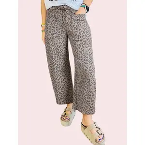 Khaki Leopard Print Drawstring Waist Pocketed Wide Leg Jeans Women's Chic Everyday Bottoms Pants Casual Cropped Streetwear Trouser Piece Style