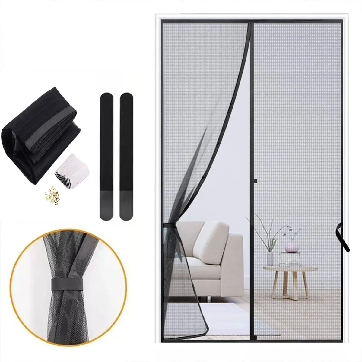Magnetic Mosquito Screen Door, Full Frame Hook Loop, Polyester Mesh for Fresh Air, Pet Friendly, Anti-Snake Bug, 38x82 Inches