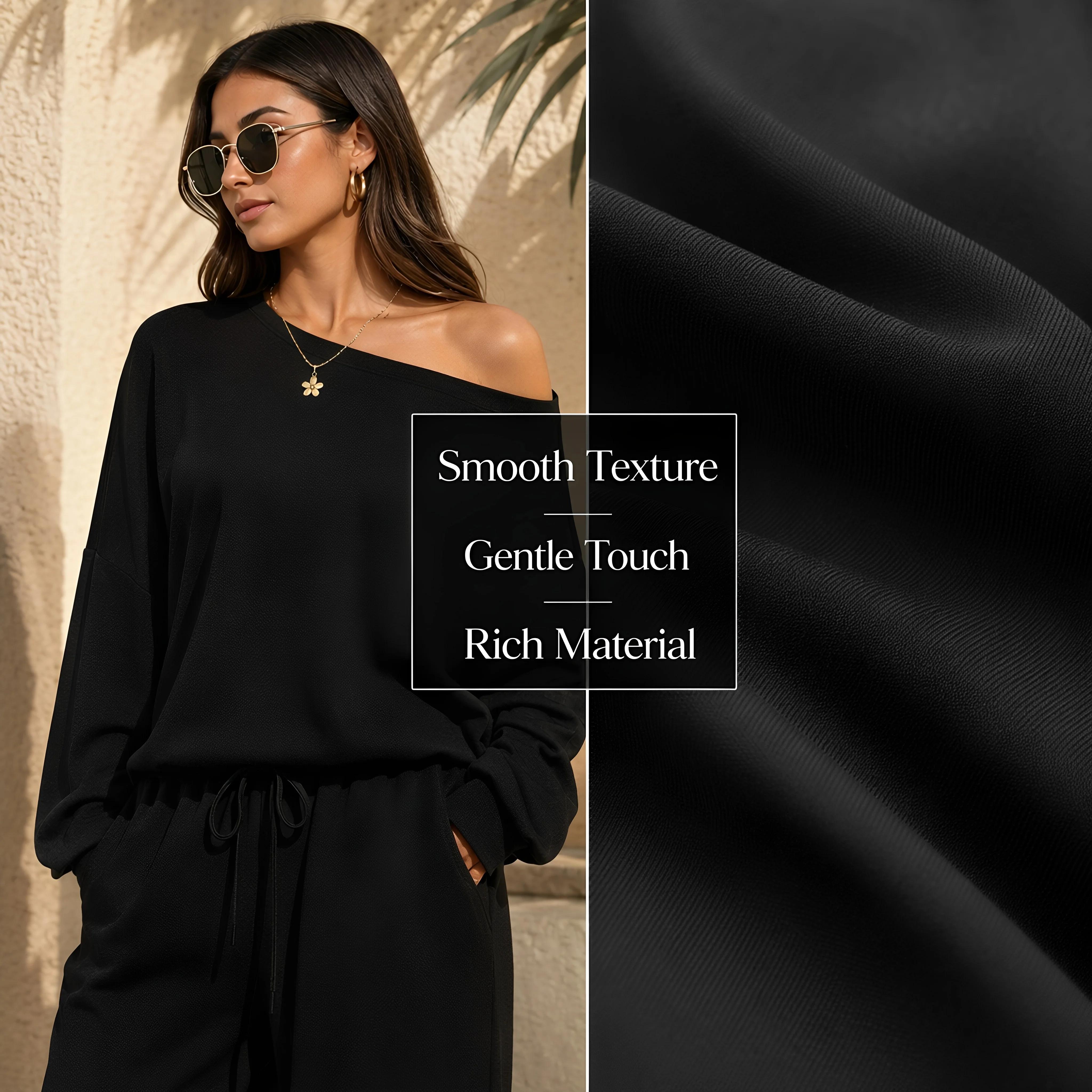 2026 Autumn Women's Leisure Solid Color Sloping Shoulder Long Sleeve Top & Wide Leg Trousers Co-ord Set & Separates, Minimalist Scoop Neck Loose Outfits, Casual Womenswear, Silky, Classy, Soft, Style, Spandex, viscose, Loose Fit, Women 2 Piece Sets, Plain