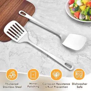 2 Pcs Stainless Steel Spatula Set – Heavy Duty Metal Solid & Slotted Turner, High Heat Resistant Cooking Utensils for Fish, Eggs, Pancakes, Griddle & Kitchen Cooking, Easy to Clean