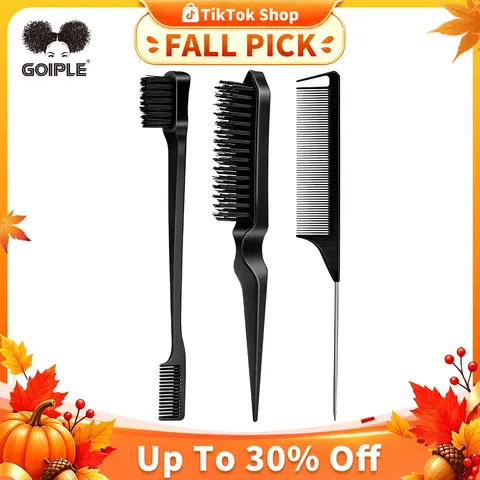 3 Count Comb Set for Teasing Edge and Back Brushing Rat Tail and Edge Combs Hair Stick for Styling Women's Haircare Smooth Heatless (Black), Hair Styling Tools, Multipack,familyfun