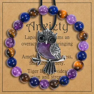 2Pcs Amethyst Bead Bracelet with Gift Owl Pendant Neckalce Jewelry Set Gift for Women Men, Boyfriends, And Boys Jewelry